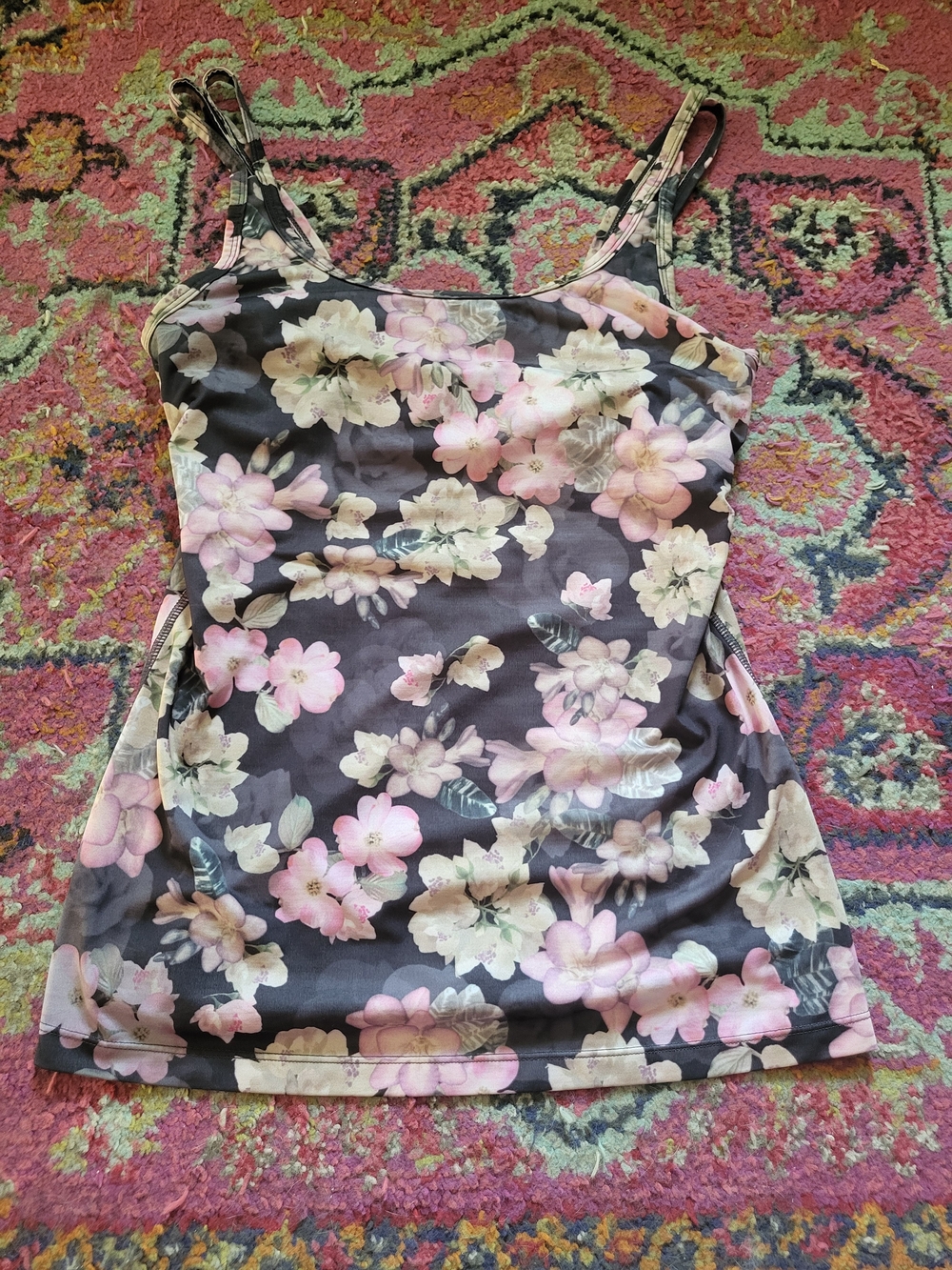 Sansara Floral Spaghetti-Strap Yoga Tank With Built In Bra in Black and Pink